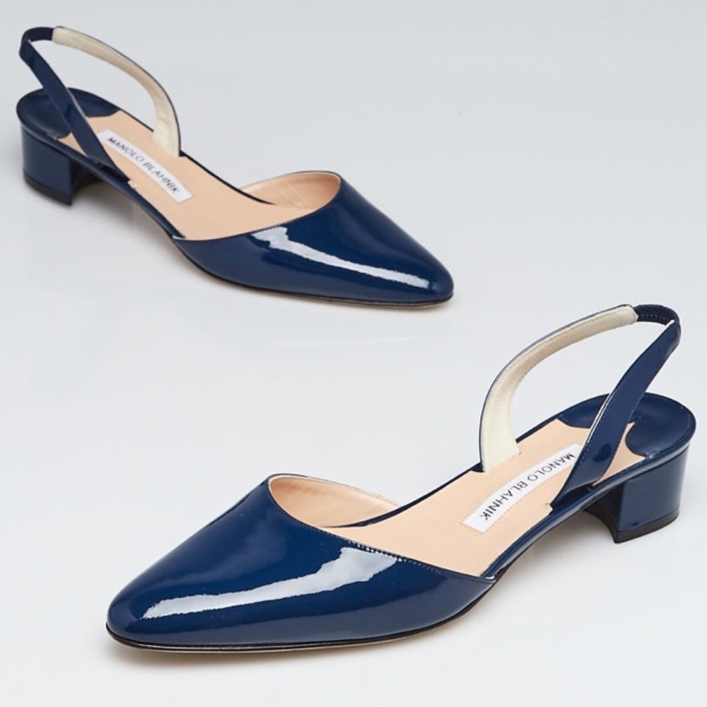 Manolo Blahnik patent leather heel blue sling back block heel shoe EU size 37